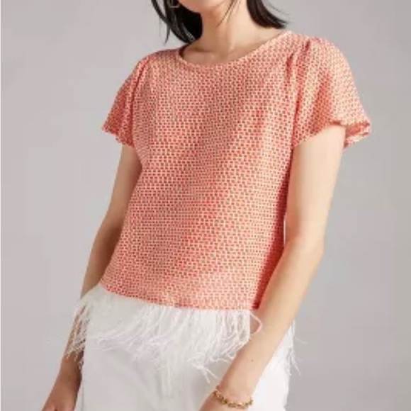 ANTHROPOLOGIE EVA FRANCO Feather Blouse Orange& White NWT ShortSleeves SZ L Rare - Picture 10 of 16